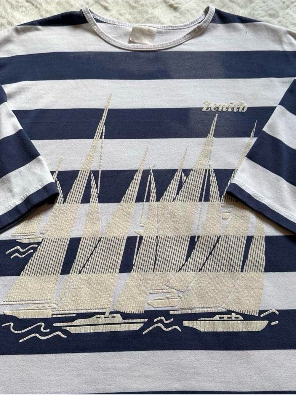 Vintage 1990s Zenith Navy & White Striped Tee with Sailboat Graphic XL